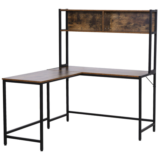 L Shaped Desk With Book Shelf, Industrial Corner Computer Desk, Writing Table With Steel Frame For Home Office, Bedroom, Study Room, 140 X 125cm, Brown