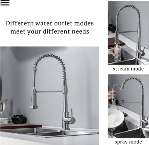 Monobloc Silver Kitchen Sink Mixer Taps With Pull Out Hose Spray Single LeverTap