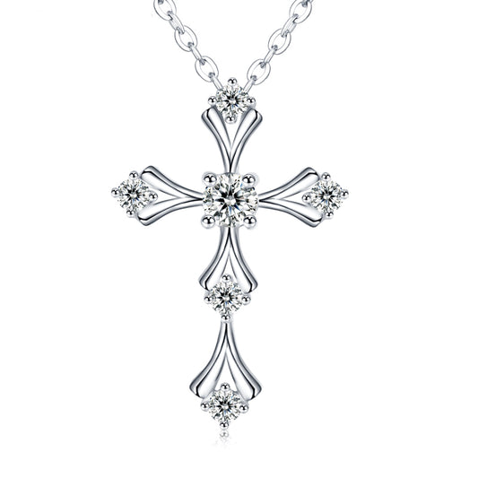 S925 Sterling Silver Moissanite Cross Necklace, 3.5mm D-VVS1 Pendant, Platinum Plated 40&45cm Chain, 1.7g GRA Certificate Gift Box