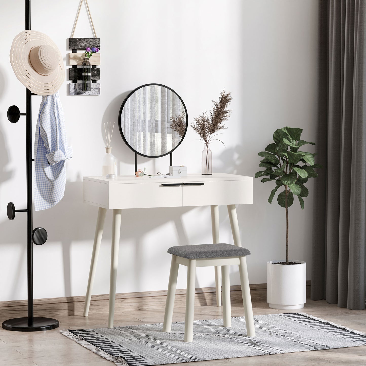 Dressing Table With Mirror And Stool, Vanity Makeup Desk Set With 2 Drawers, Cushioned Stool And Make-up Organiser For Bedroom And Dressing Room, 80 X 40 X 123 Cm, White