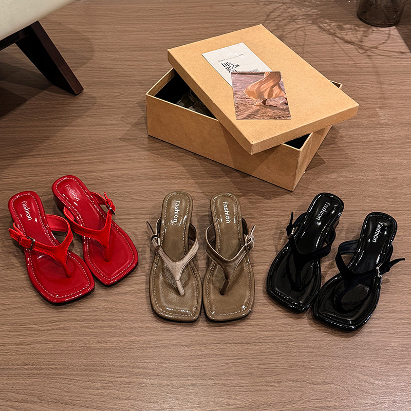 Women's French Square Toe Wedge Platform Thong Sandals For Outdoor Wear