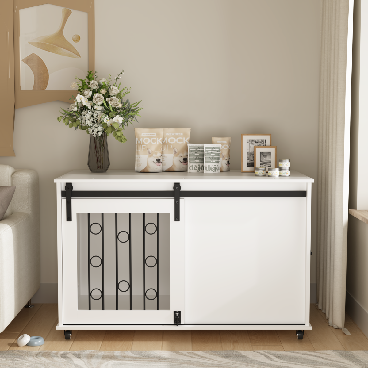 39.37 Modern Wooden Dog Crate Furniture With Sliding Barn Door And Side Door, Indoor Dog Kennel End Table For Small To Medium Dogs, Decorative Pet Crate With Metal Bars And Lockable Wheels  White