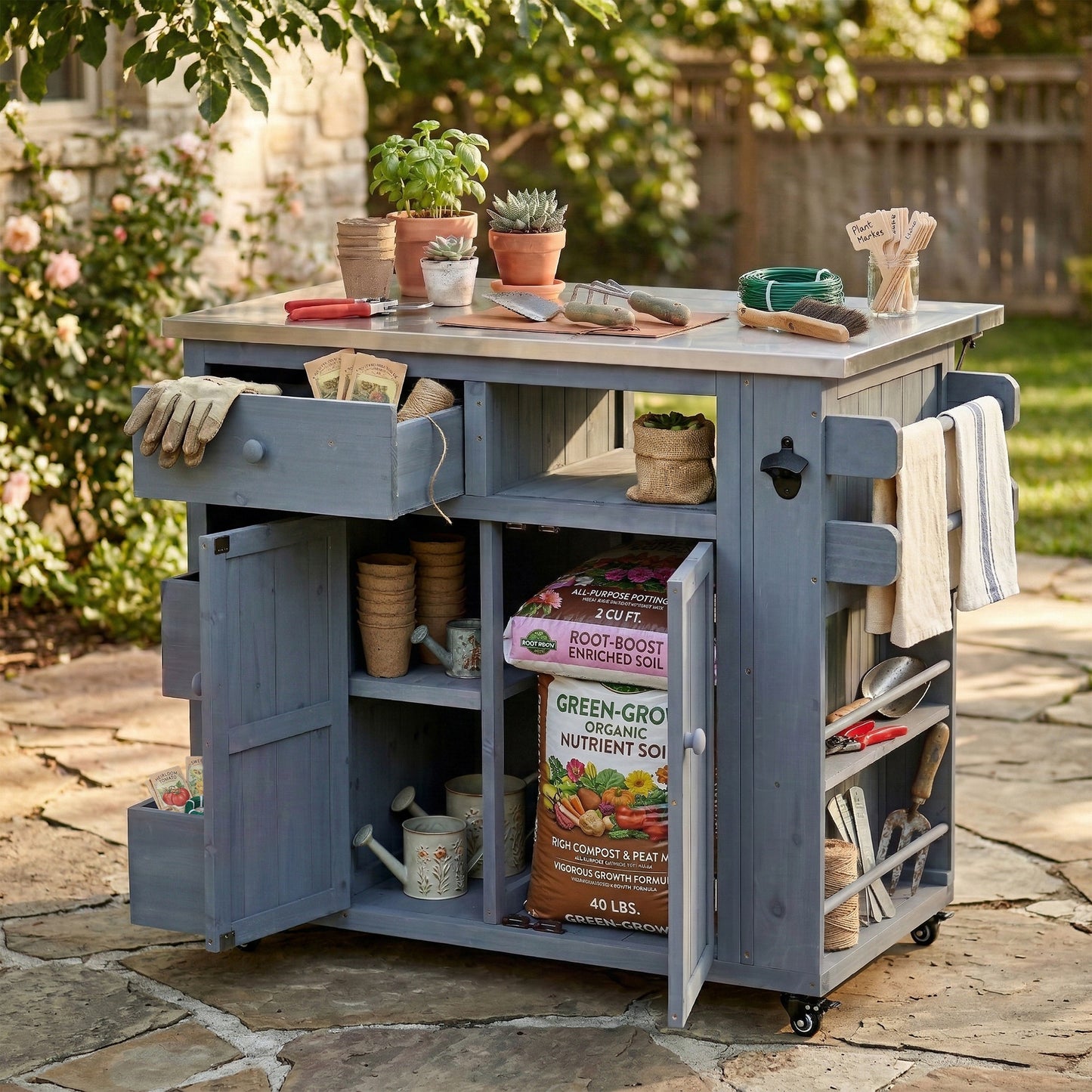 TOPMAx Outdoor Solid Wood Extendable 19.3  28  Kitchen Island  Stainless Steel Top Grill Table With Side Spice Rack  Kitchen Cart With Drawers  Storage Cabinet For Backyard  BBQ Party  Gray