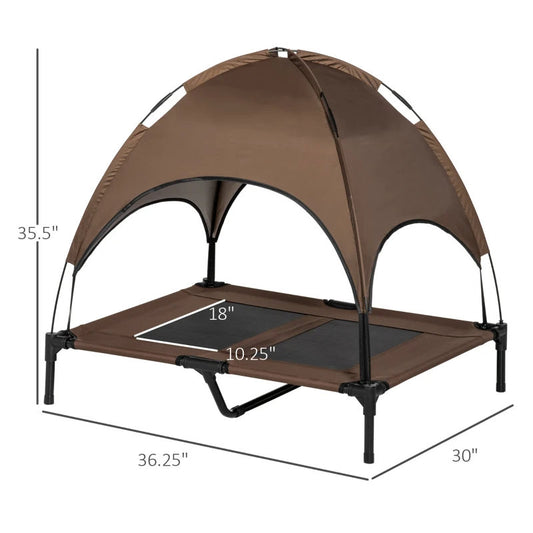 PawHut Elevated Portable Dog Cot Pet Bed With UV Protection Canopy Shade, 36 Inch, Coffee