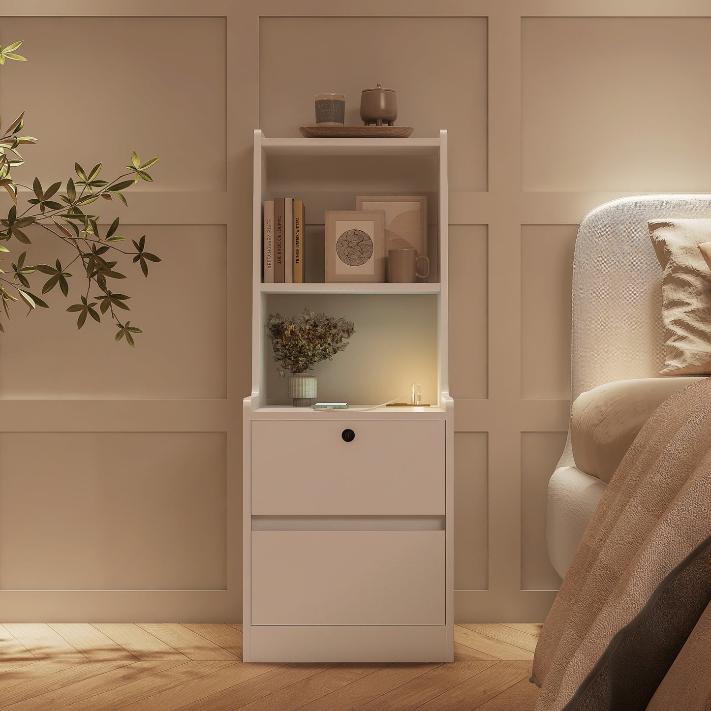 Nightstand With Charging Station, Smart Nightstand With Night Light, Modern Night Stand With Bookshelf, Bedside Tables With Storage Cabinet For Bedroom, White