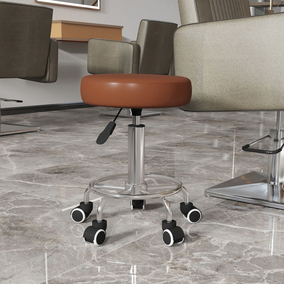 Vinsetto PU Leather Rolling Stool, Height Adjustable Stool Chair With Wheels For Salon, Massage, Spa, Brown