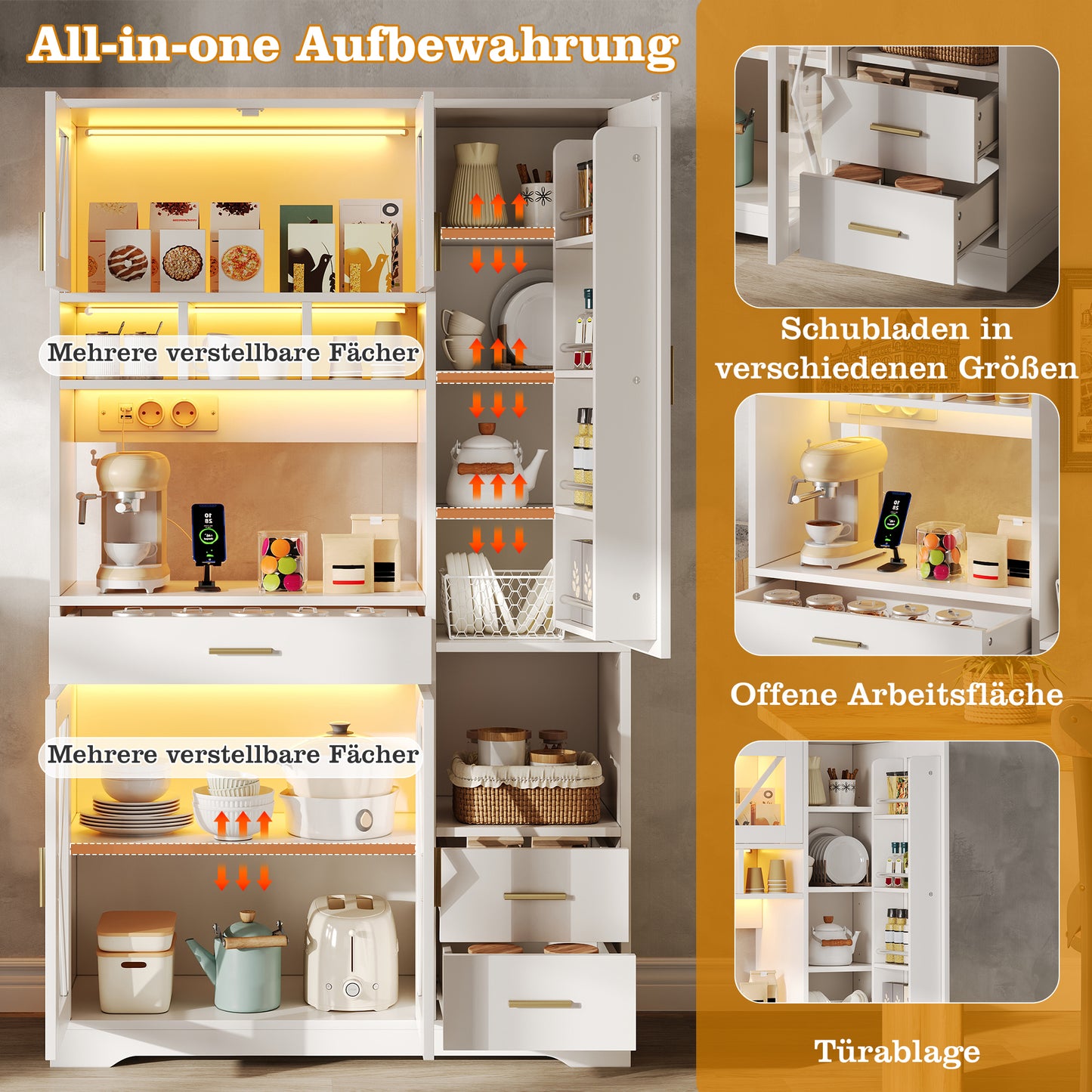 Barn-style Kitchen Cabinet, High Storage And Display Cabinet With Adjustable Shelves, Drawer, Color-changing LED Lighting And Sockets, 185 X105 X40 Cm.