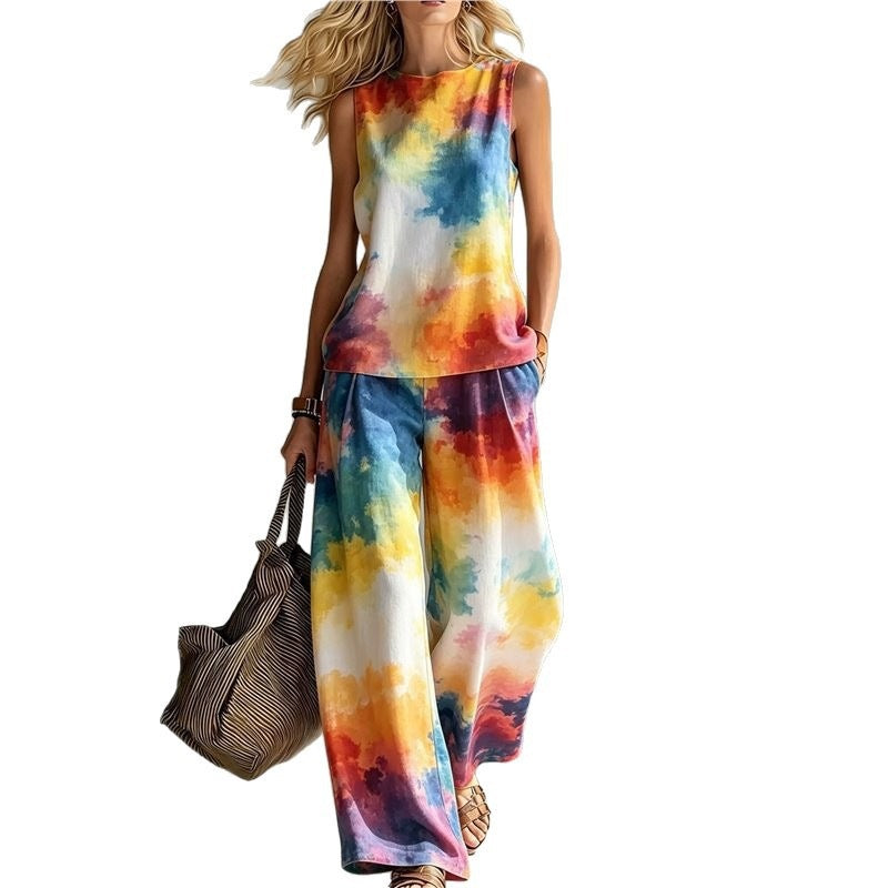 New-style Rainbow Tie-dye Sleeveless Crew-neck Top And Wide-leg Pants Womens Casual Two-piece Set