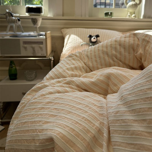Korean-style Striped Puffy Duvet Cover 4-piece Bedding Set