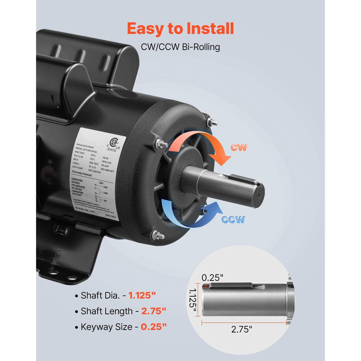 3 H P Electric Motor, 1750RPM Air Compressor Motor, CW CCW Rotation, 1.125 Inch Shaft Diameter, 2.75inch Shaft Length, 12N.m Torque, Single-Phase, TEFC Cooling, 230V, 184T Frame