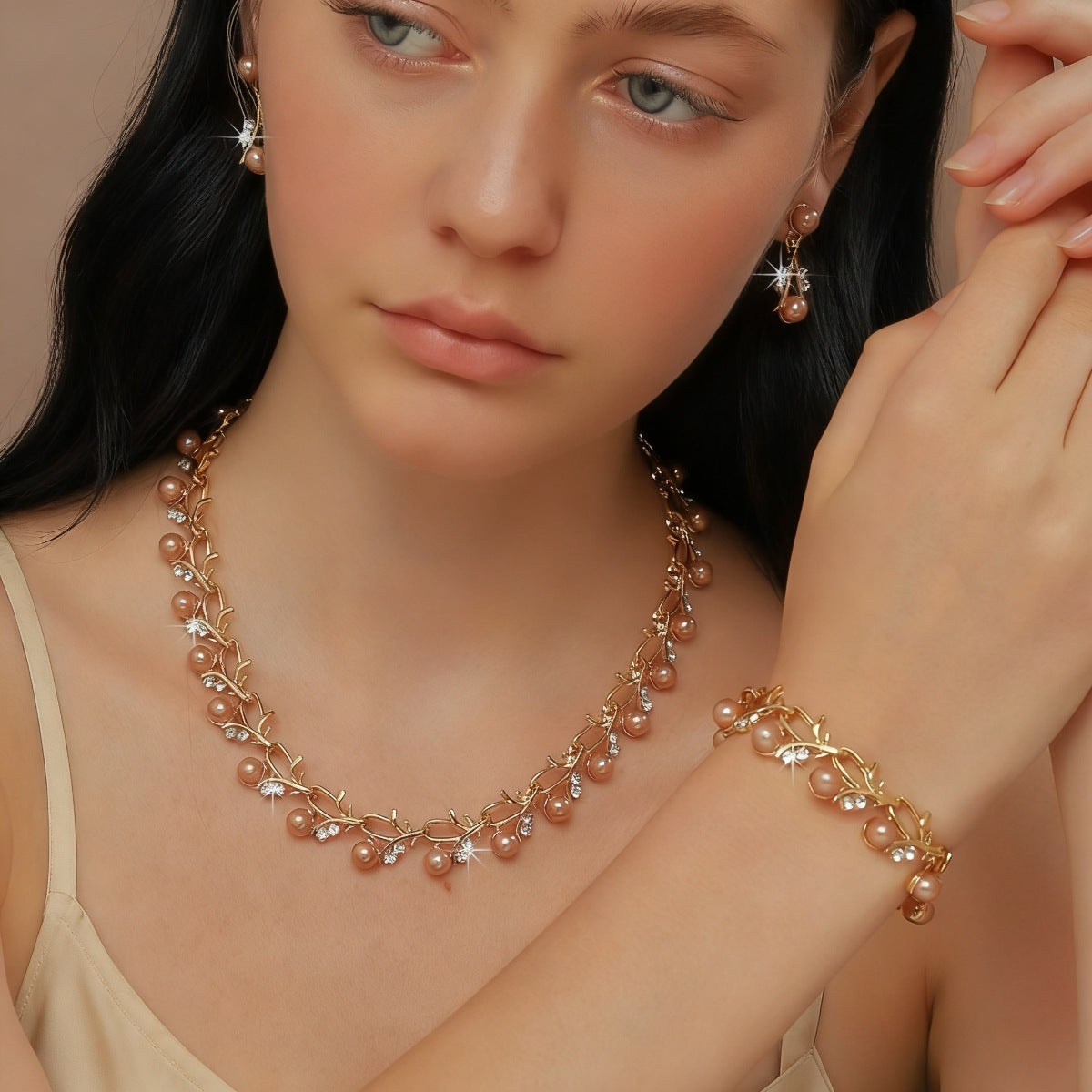 Gold Vine Leaf Cubic Zirconia 3Pcs Jewelry Set, Simulated Pearl Necklace Drop Earrings Bracelet, Elegant Bridal Wedding Accessories For European Spanish Women