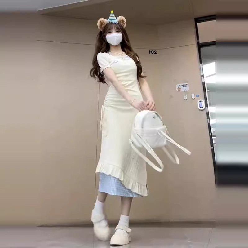 Korean-style Sweet Two-piece Look Dress For Women Asymmetrical Drawstring Waist