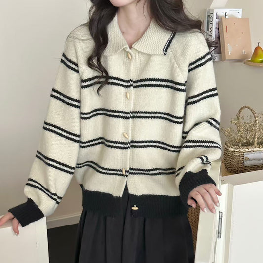 Korean Style Contrast Color Striped Lapel Sweater Cardigan