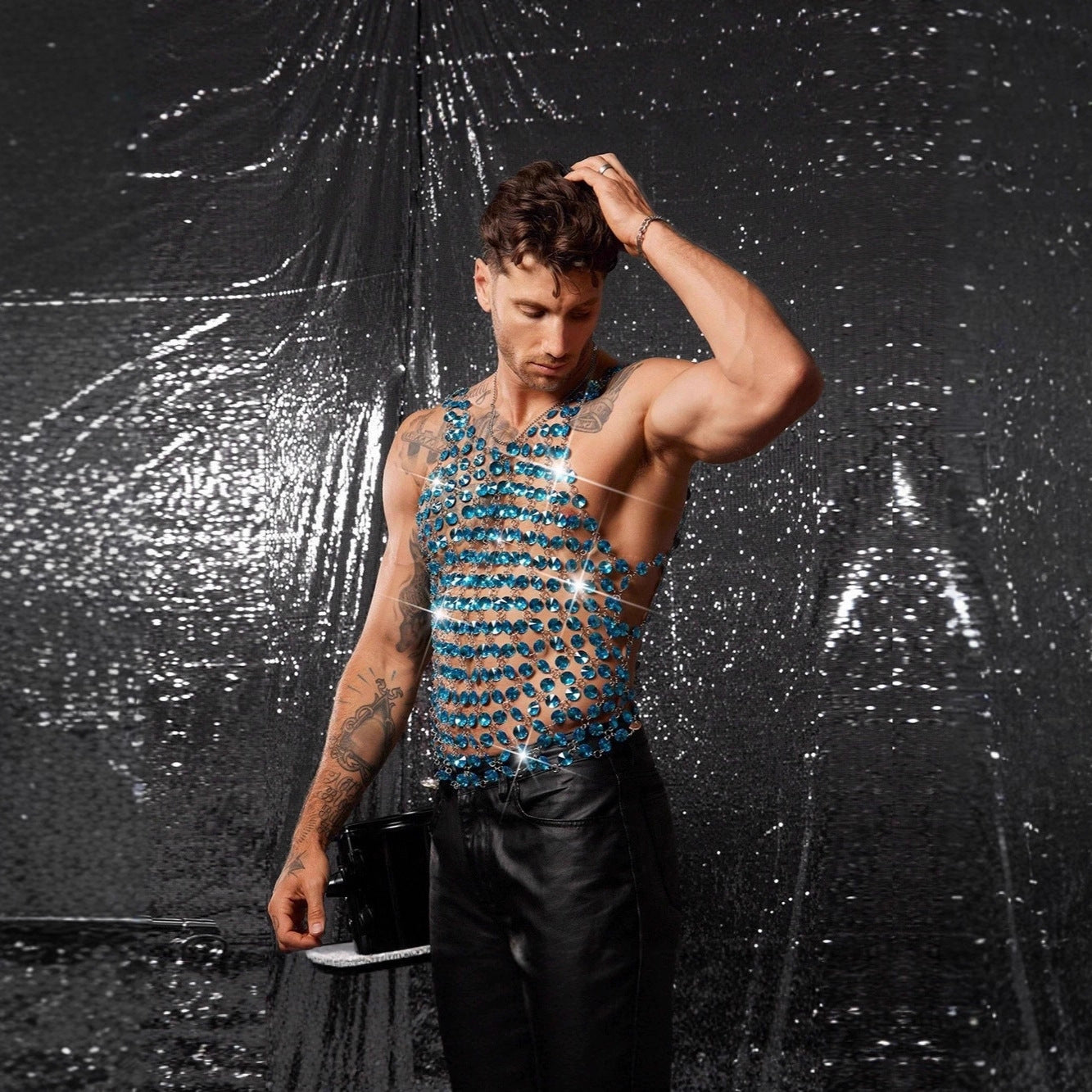 Mens Body Chain Spliced With Blue Gemstones, Metal Hollowed-Out Tank Top