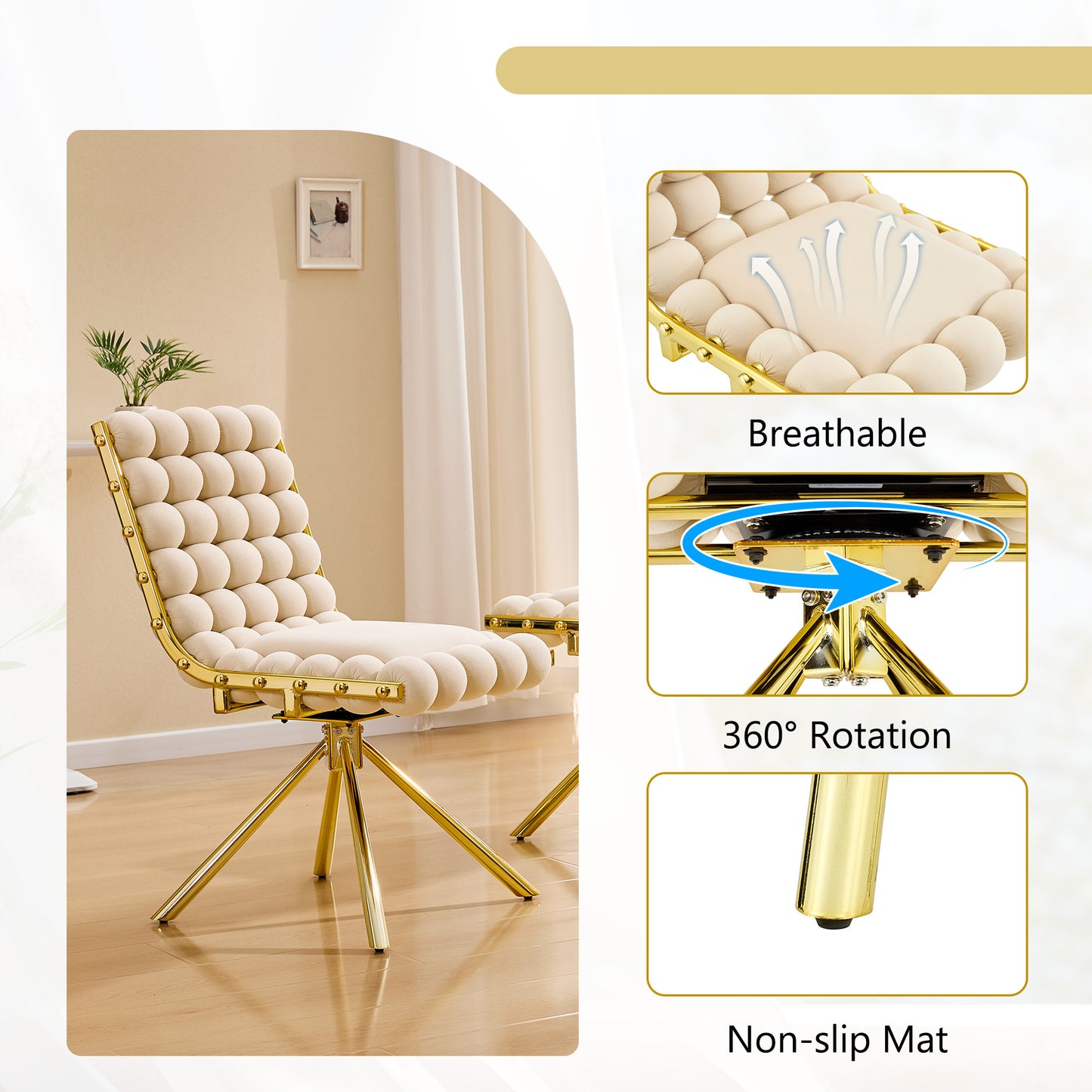Set Of 2 Cream Bubble Tufted Swivel Accent Chair, Modern Velvet Armless Chair With Gold Metal Frame For Dining Room, Living Room & Vanity Desk