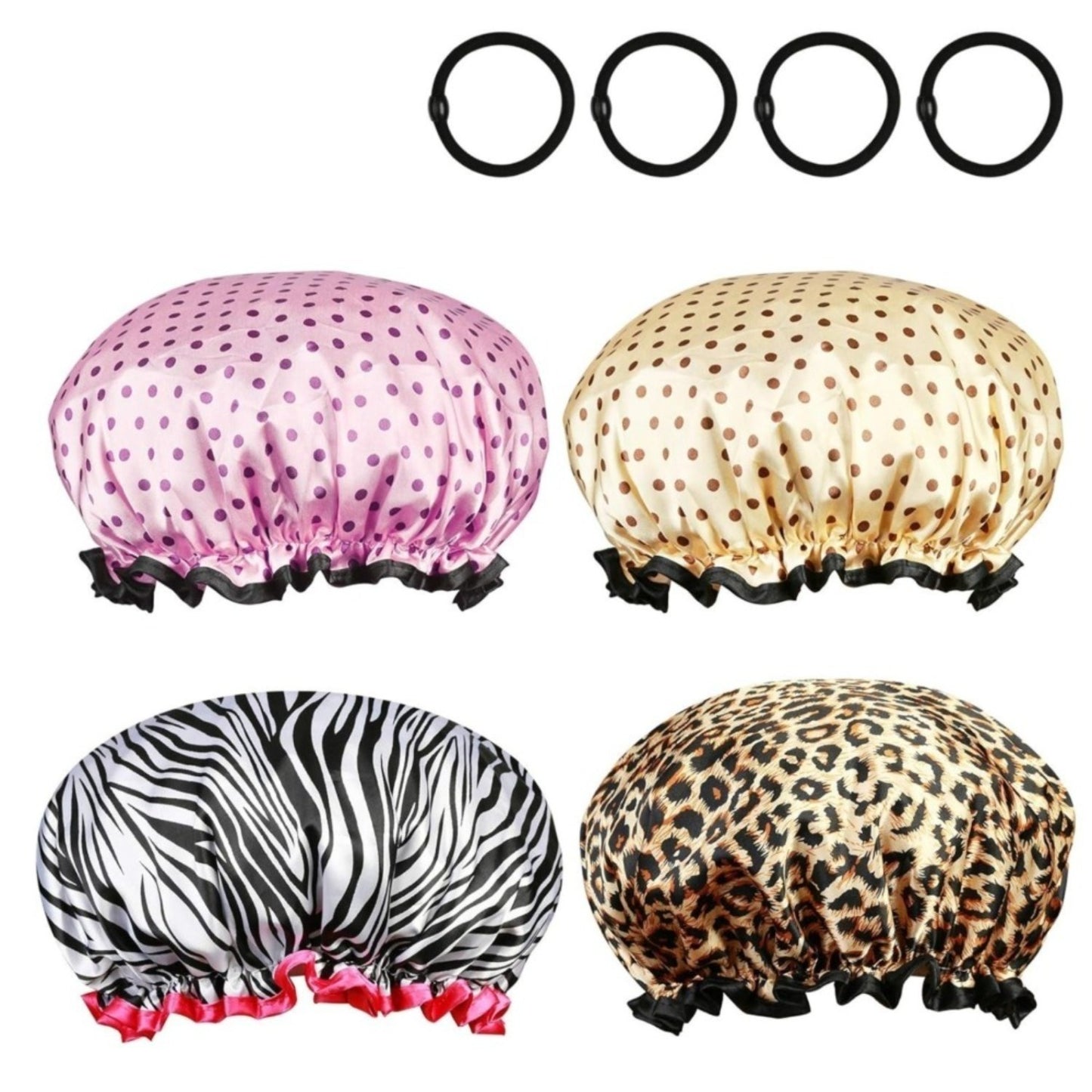 Set Of 4 Shower Caps – Pink & Yellow Polka Dots, Leopard And Zebra Patterns For Women – Party Supplies Set