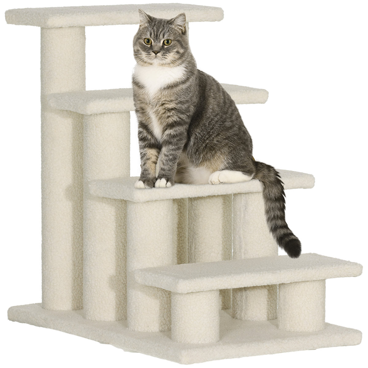 PawHut Dog Steps For Bed 4 Step Pet Stairs For Sofa Dog Cat Climb Ladder 63x43x60 Cm Cream