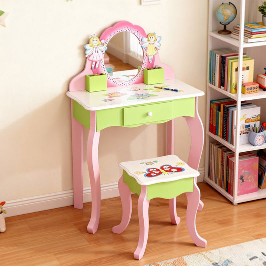 Kids Vanity Set With Mirror Drawer Flower Fairy Design Wooden Toddler Girls Makeup Dressing Table Chair Set For Over 3 Years Kids
