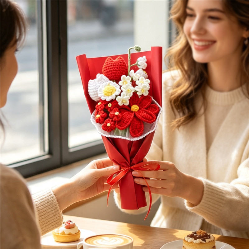 Handmade Crocheted Flower Bouquet, Red And White Tulips & Red Flowers Matched With Daisies And Tiny Blossoms, Soft Yarn Everlasting Knitted Bouquet, Indoor Home Decorative Ornament