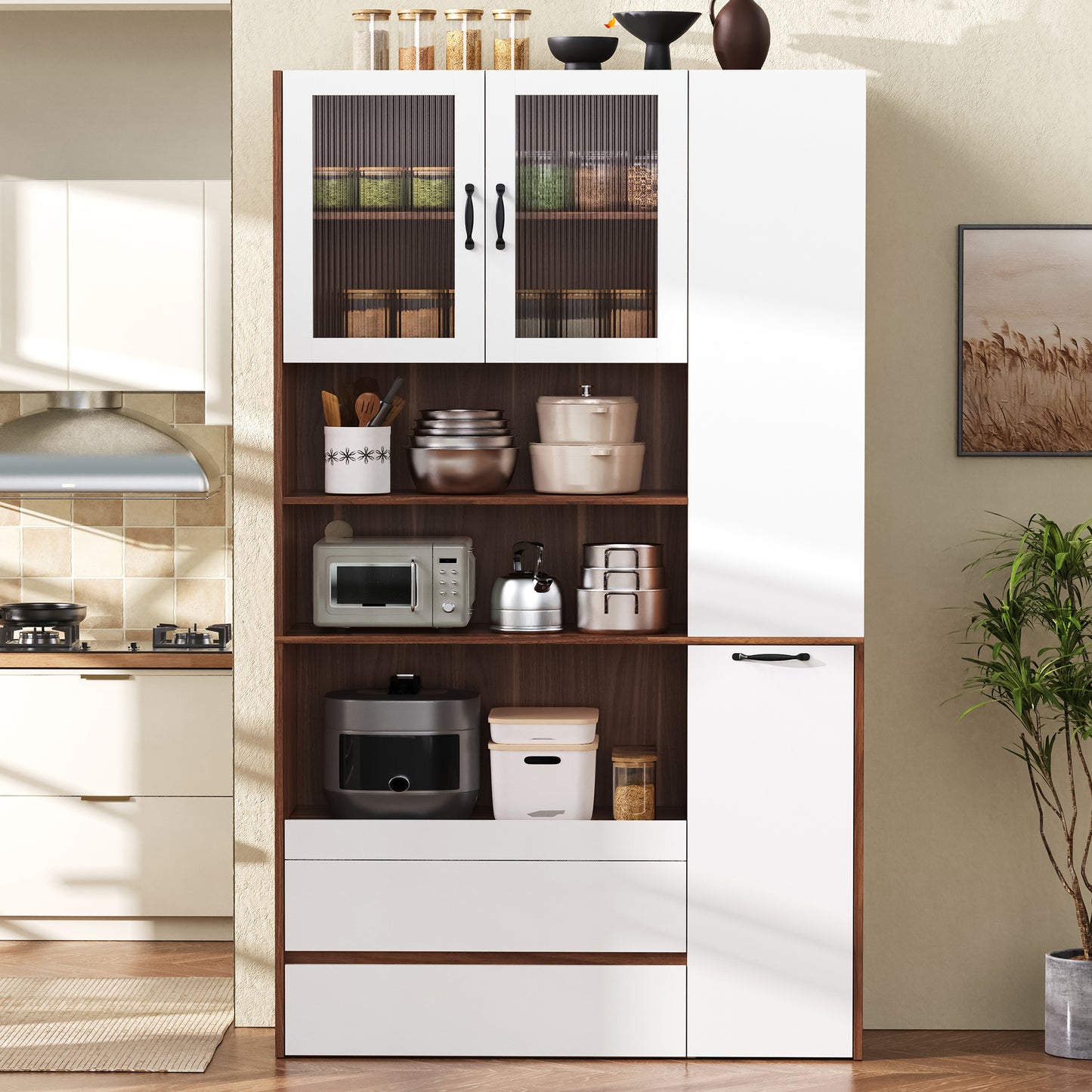 Highboard With Adjustable Shelves And Drawers, Buffet Cabinet With Pull-out Shelves And Checkered Glass, Ideal For Dining Room, Living Room And Kitchen  White Walnut