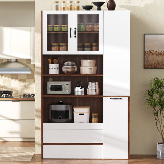 Highboard With Adjustable Shelves And Drawers, Buffet Cabinet With Pull-out Shelves And Checkered Glass, Ideal For Dining Room, Living Room And Kitchen  White Walnut