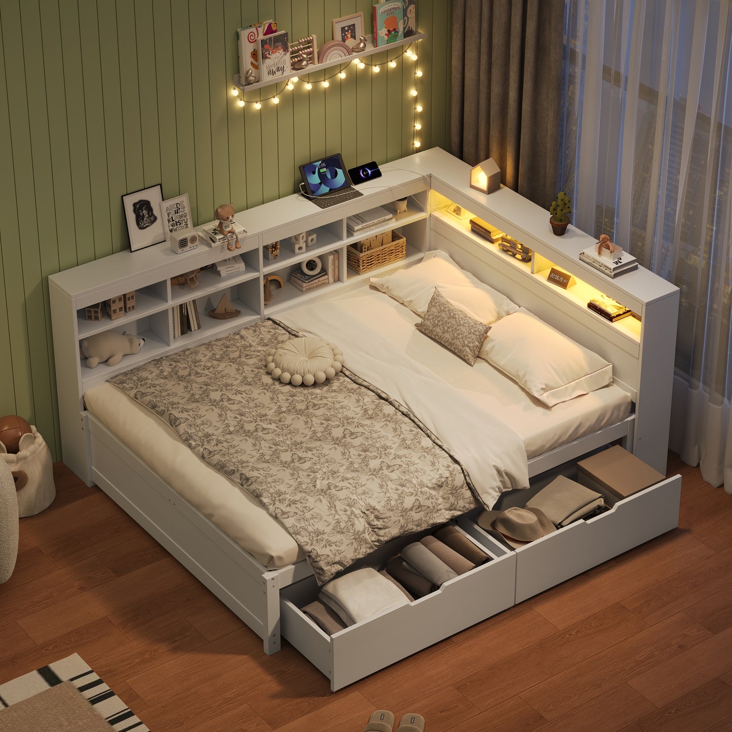 4ft6 Double Daybed With Two Storage Drawers And Beside Storage, LED Modern Bed Frame With Charging Station, Wood Bed For Living Room Bedroom Study Room, 135X190cm, Easy Assembly, White  No Mattress