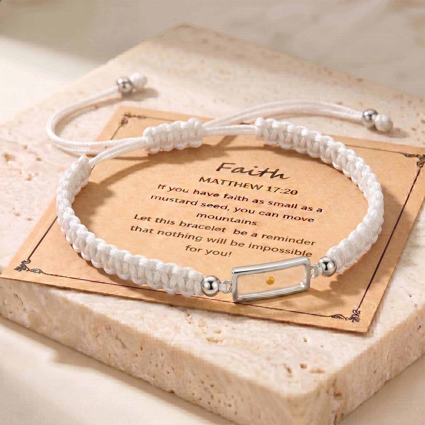Real Mustard Seed Faith Bracelet, Adjustable Braided Nylon Cord Bracelet For Women Men, Stainless Steel Religious Christian Gift With Scripture Card