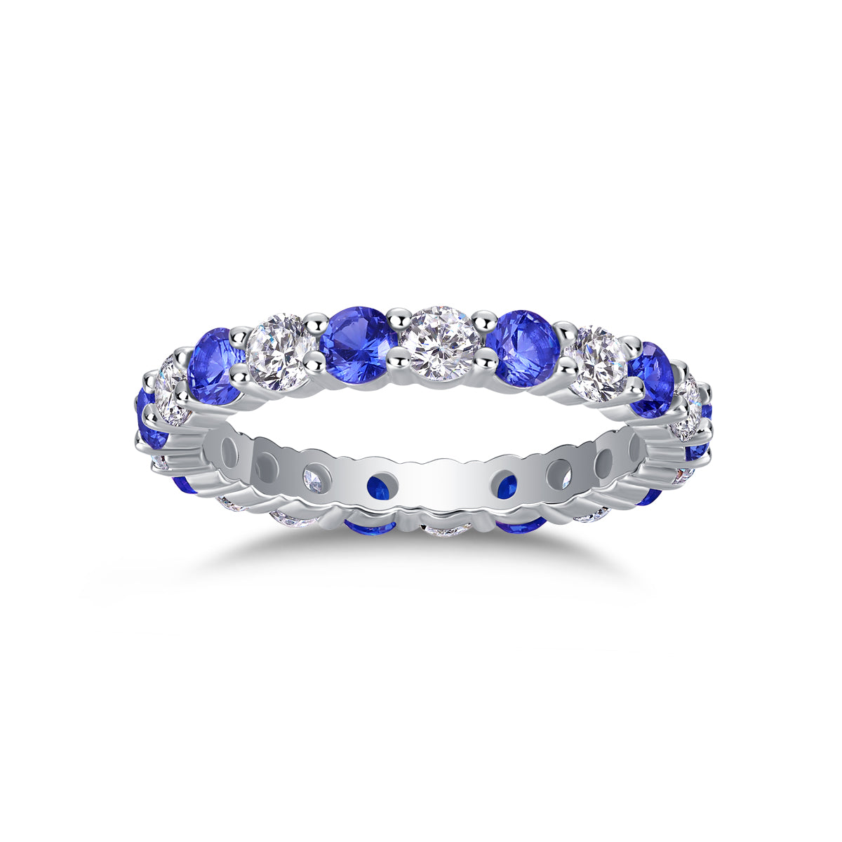 2.4g S925 Sterling Silver Platinum Plated Eternity Ring  Synthetic Blue Sapphire & White Stone Alternating Band, Dainty Hollow Promise Ring For Women, Jewelry Gift Box Set