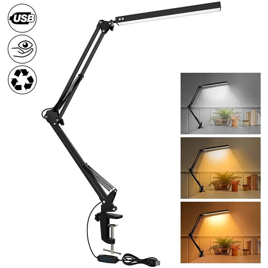 Double-Head Led Desk Lamp Swing Arm Clamp Folding Dimmable Adjustable Brightness