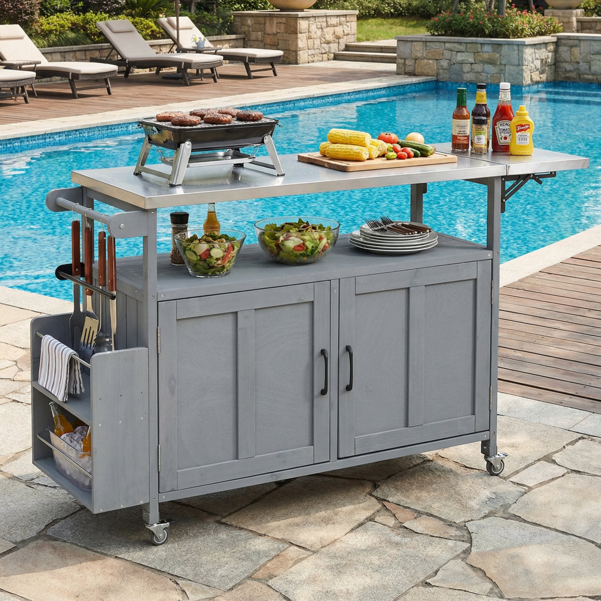 Foldable Outdoor Kitchen Island Patio Mobile Kitchen Cart Portable Outdoor Cooking Island With Lockable Wheels, Storage Cabinet And Towel Rack For Patio And Outdoor, Grey
