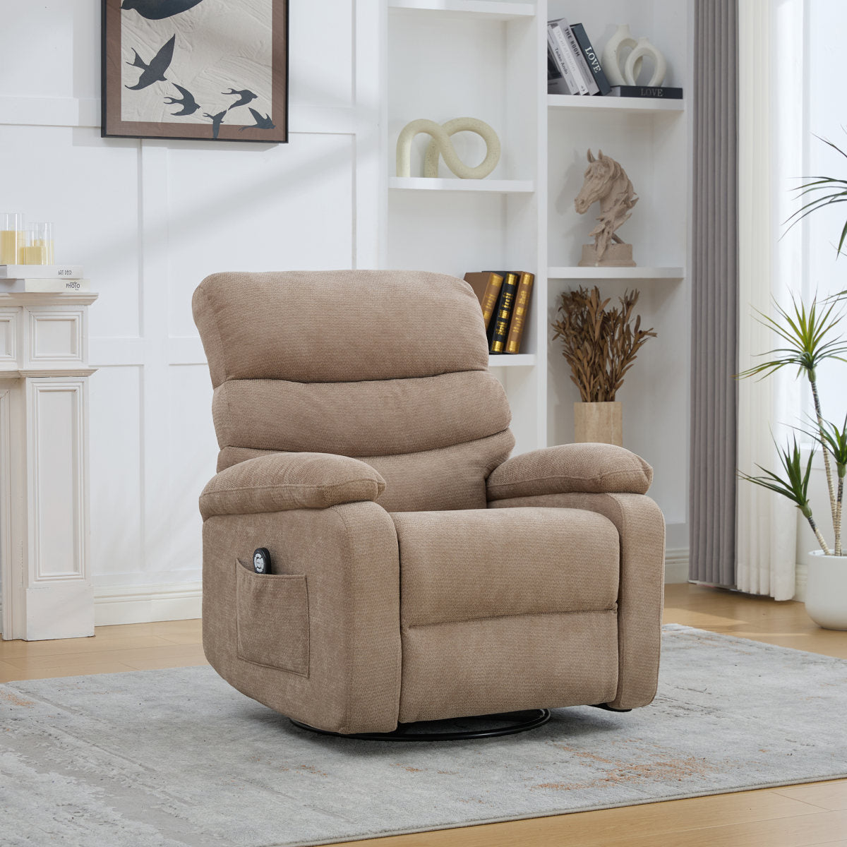 Electric 360 Swivel Recliner With Massage And Heat Function, Manually Adjustable Backrest And Footrest, And Side Storage Pockets. Taupe
