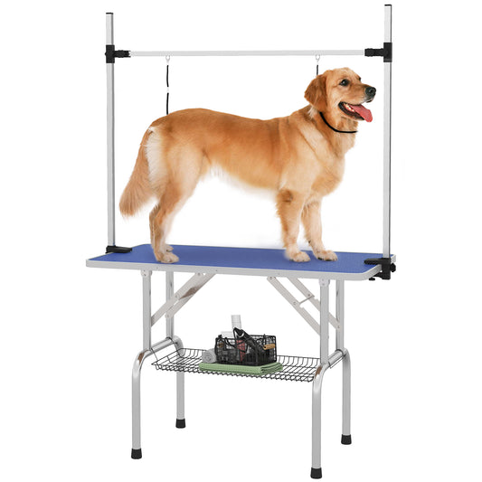 PawHut 42" Dog Grooming Table, Adjustable Pet Cat Drying Beauty Table With 2 Loops Storage Basket, Rubber Top, Blue