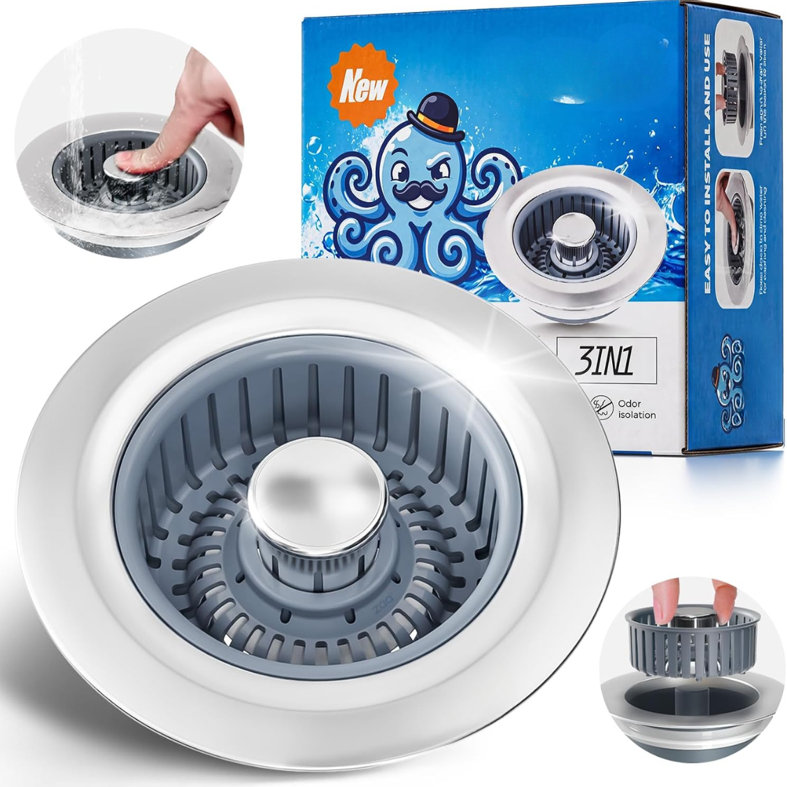 Sink Drain Strainer  Sink Stopper Kitchen Drain, 3 In 1 Kitchen Sink Drain Strainer With Anti Clogging Basket Kitchen Gadgets Clearance Sink Accessories, Fit US Standard 3-1 2'' Sink Hole, Silver