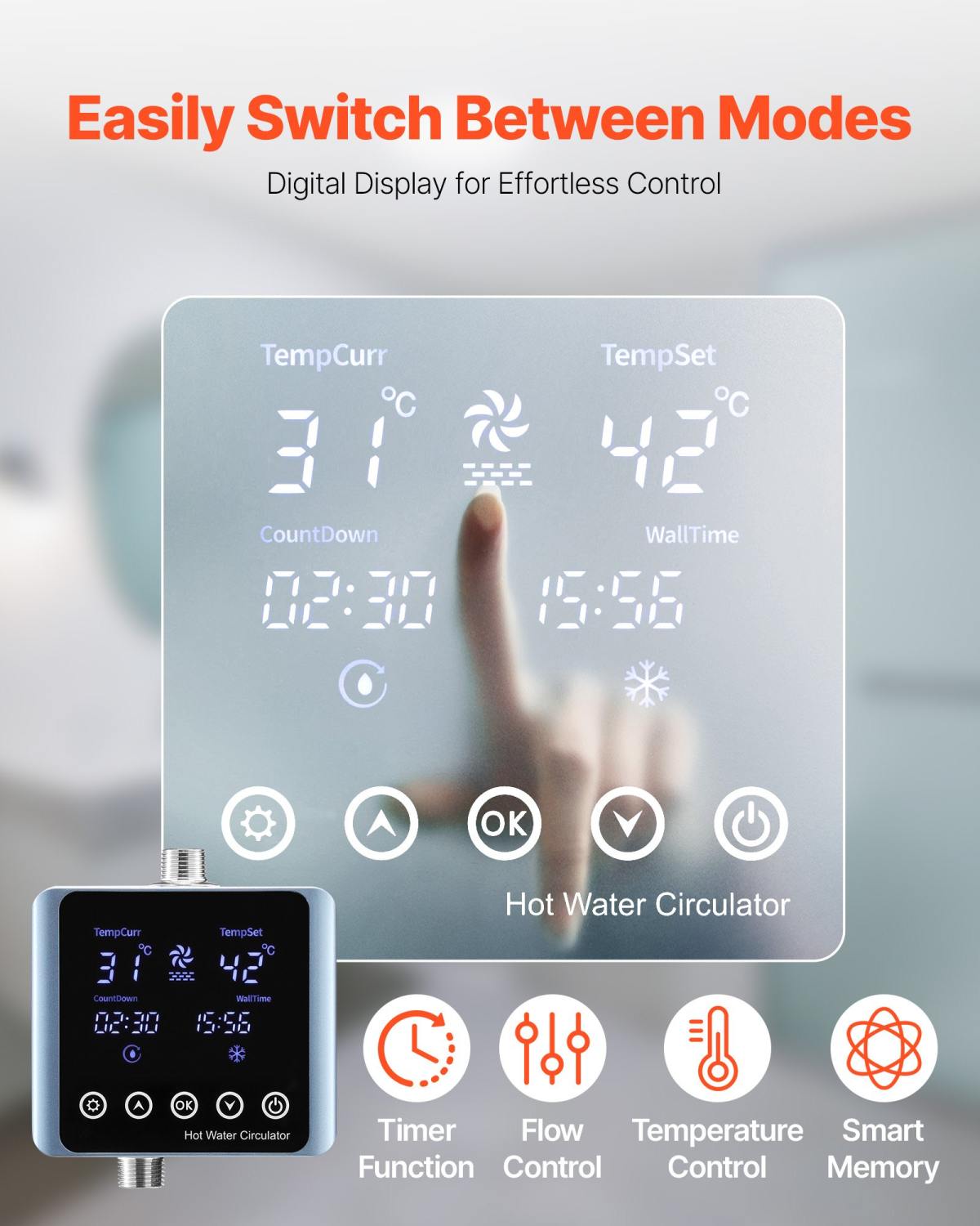 Digital Smart Instant Hot Water Recirculating Pump Kit, With Built-in Thermostat, Timer, Digital Screen, Under Sink Recirculation Circulation Circulator Pump System, For House Water Heaters