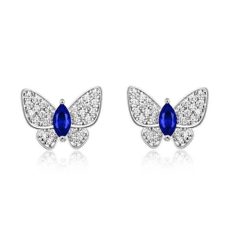 S925 Sterling Silver Butterfly Stud Earrings, 5x2.5mm Marquise Lab-Grown Ruby Sapphire Emerald, Platinum Plated 1.7g Fine Jewelry Gift Box