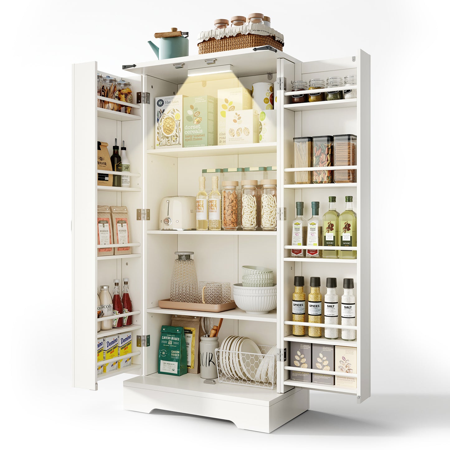 128.5cm Kitchen Cabinet, Farmhouse Storage Cabinet - LED Pantry Cabinet With 2 Hinged Doors And Adjustable Shelves For Small Spaces In The Dining Room Or Living Room, White Gravure Structure