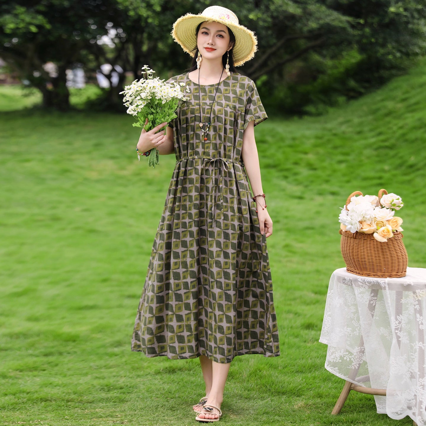 New Elegant Cotton Silk Dress For Middle Aged And Senior Women