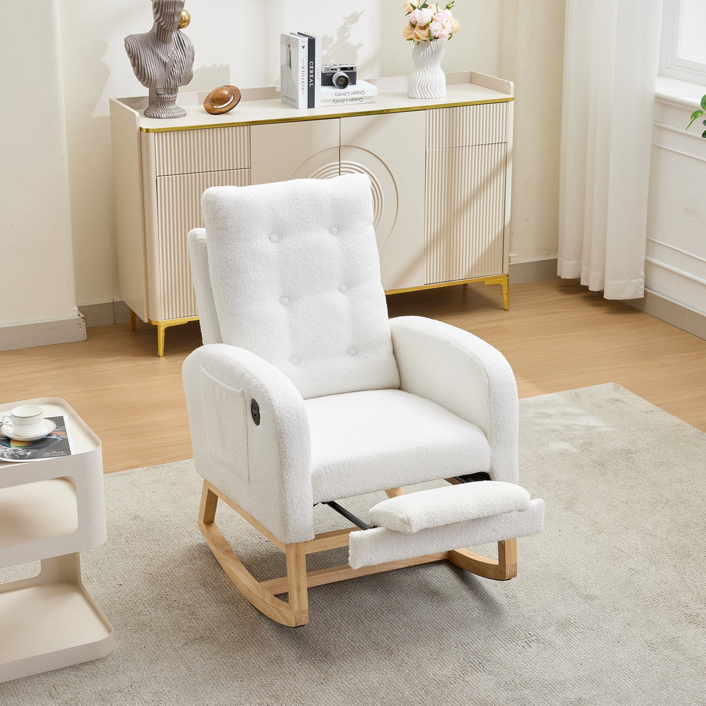 66.5x121.5x102cm Rocking Chair With USB Charging Ports, Nursing Rocking Armchair,Teddy Fabric Glider Rocker With Adjustable Footrest,Side Pocket, For Nursery Bedroom Living Room, White