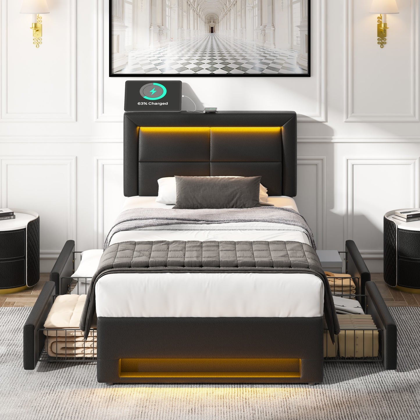 Upholstered Bed 90x190 Cm, With USB Port  Supports Wireless And Wired Charging , With LED Lighting And Four Drawers, Without Mattress, PU Lychee Pattern, Black