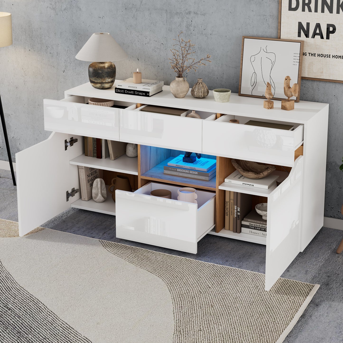 140x40x70 Cm Living Room Sideboard  4 Drawers, Two Compartments, Wide Handle-Free Design, Versatile Use, High-Gloss Unit With LED Lighting White & Wood Finish