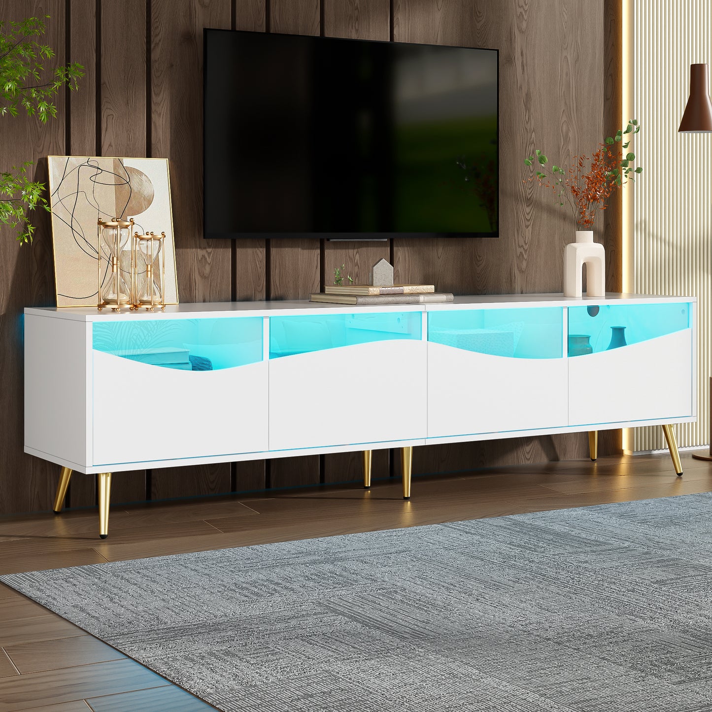 Modern TV Cabinet 180 X 40 X 50 Cm With LED Lighting, White Body, Golden Metal Feet, Glass Front & Storage Space  Stylish Lowboard For Living Room