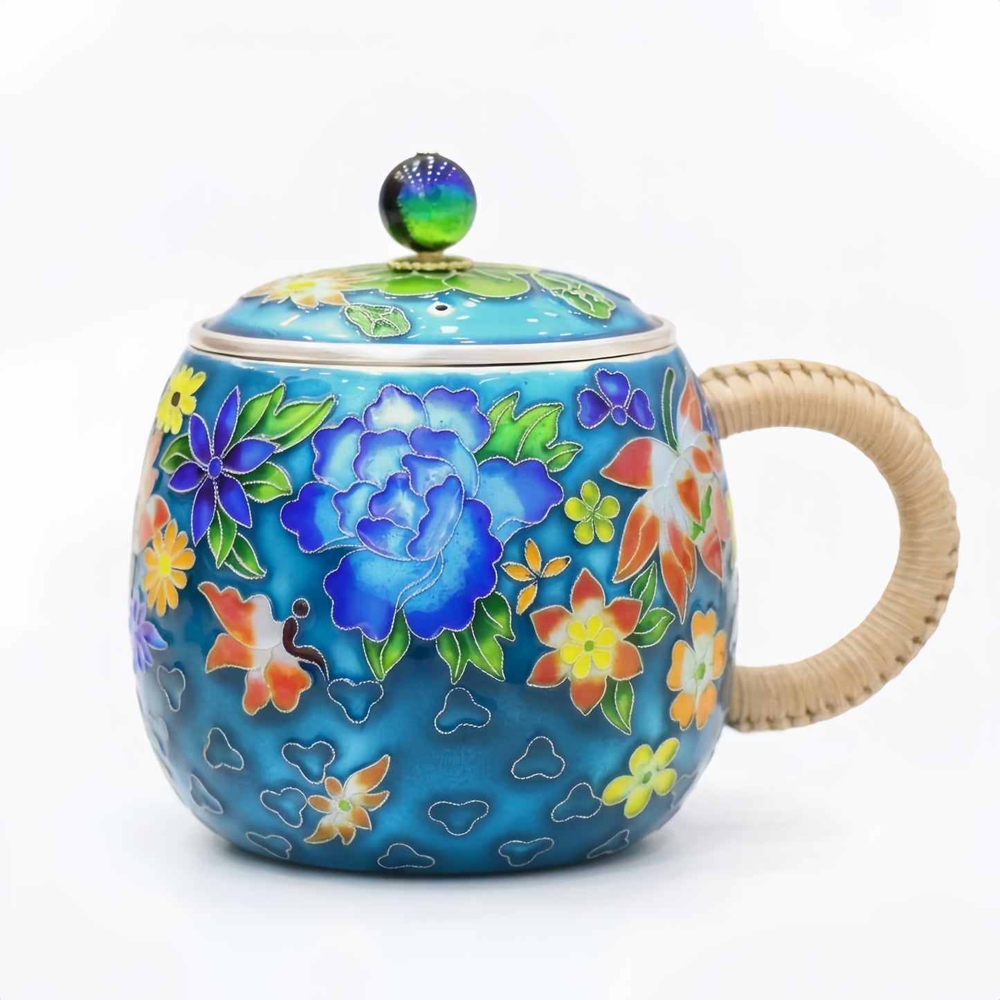 Pure 999 Fine Silver Blue Floral Teapot with Woven Handle-Premium Indigo Tea Mug - Handicraft