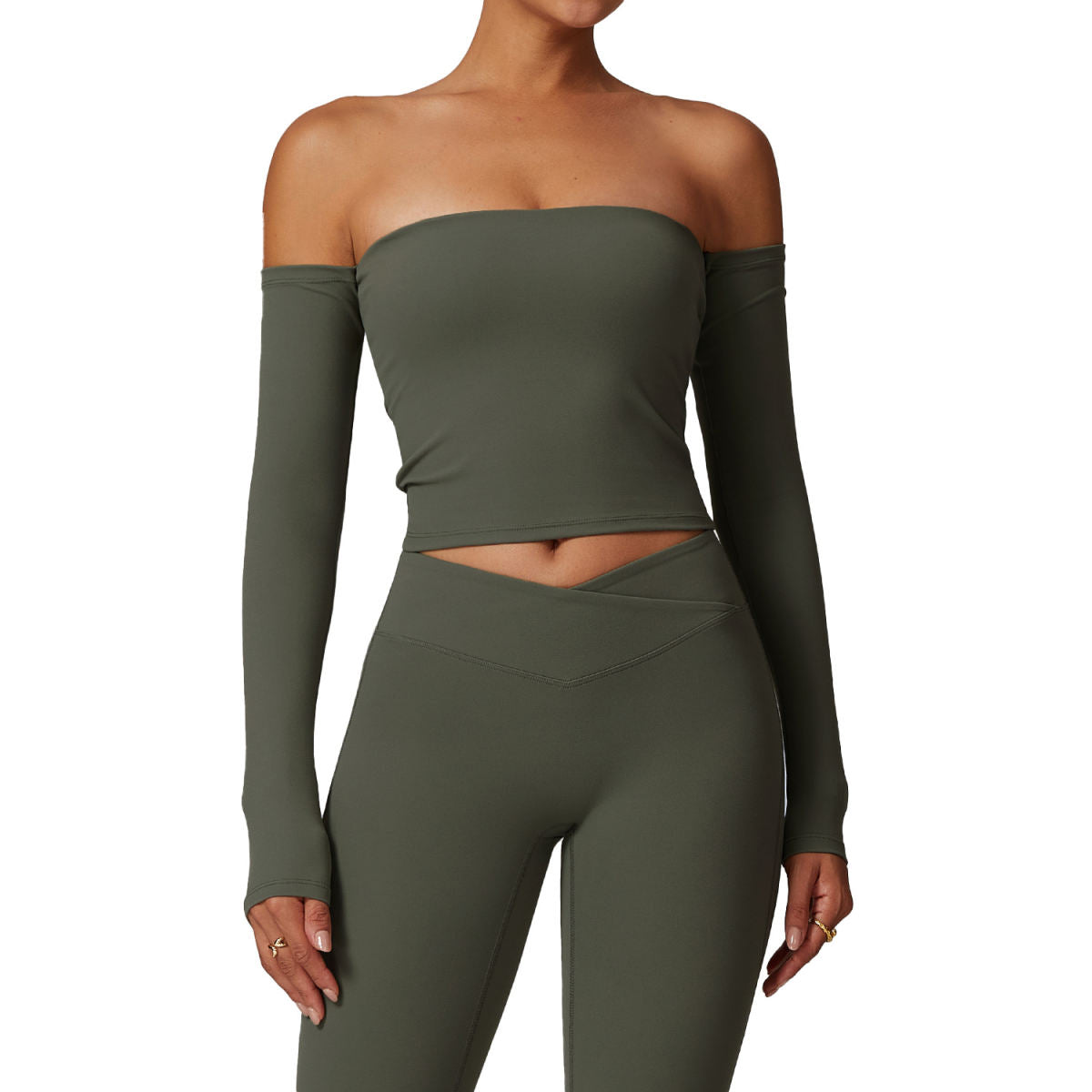 Brushed Tight Off-shoulder Long Sleeve Yoga Exercise Top