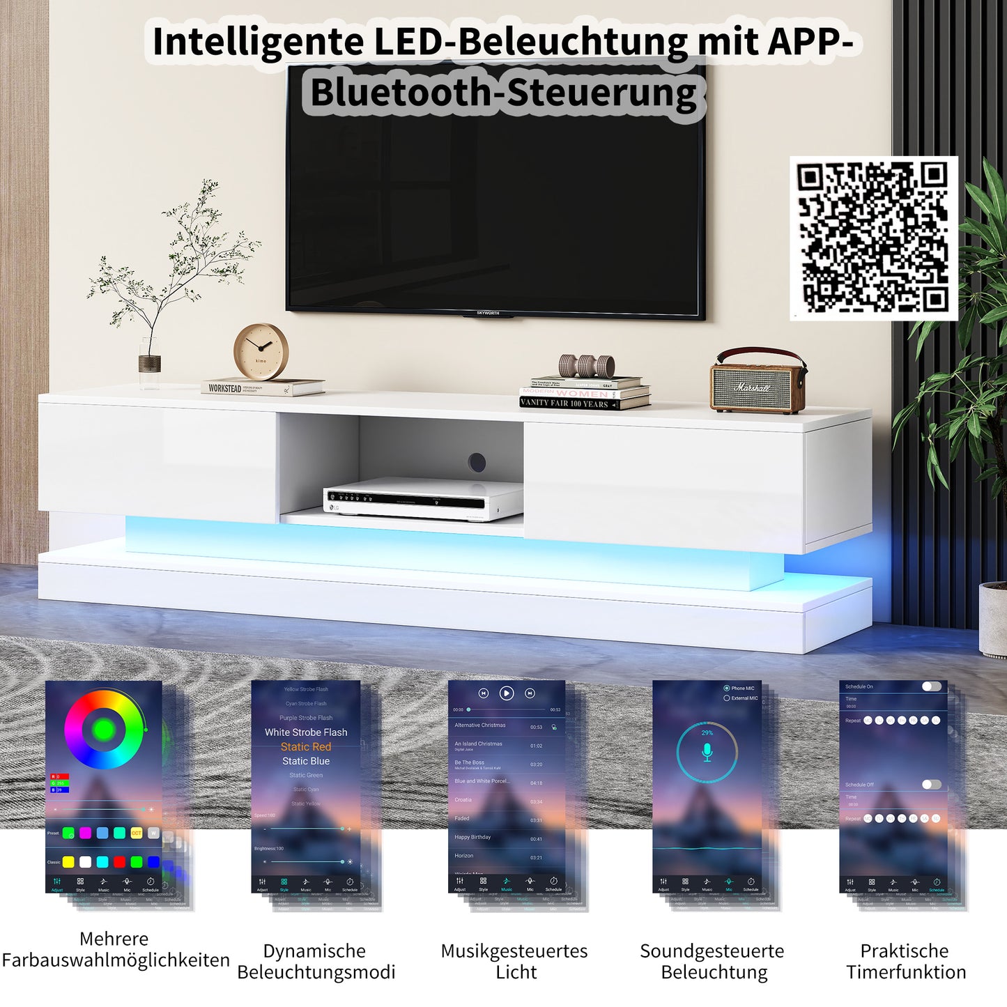 160x35x40.5cm White High Gloss TV Cabinet With LED Lighting, 2 Drawers, App Control, Anti-Tilt Design, For 60 Inch TV,tv Board,tv Lowboard