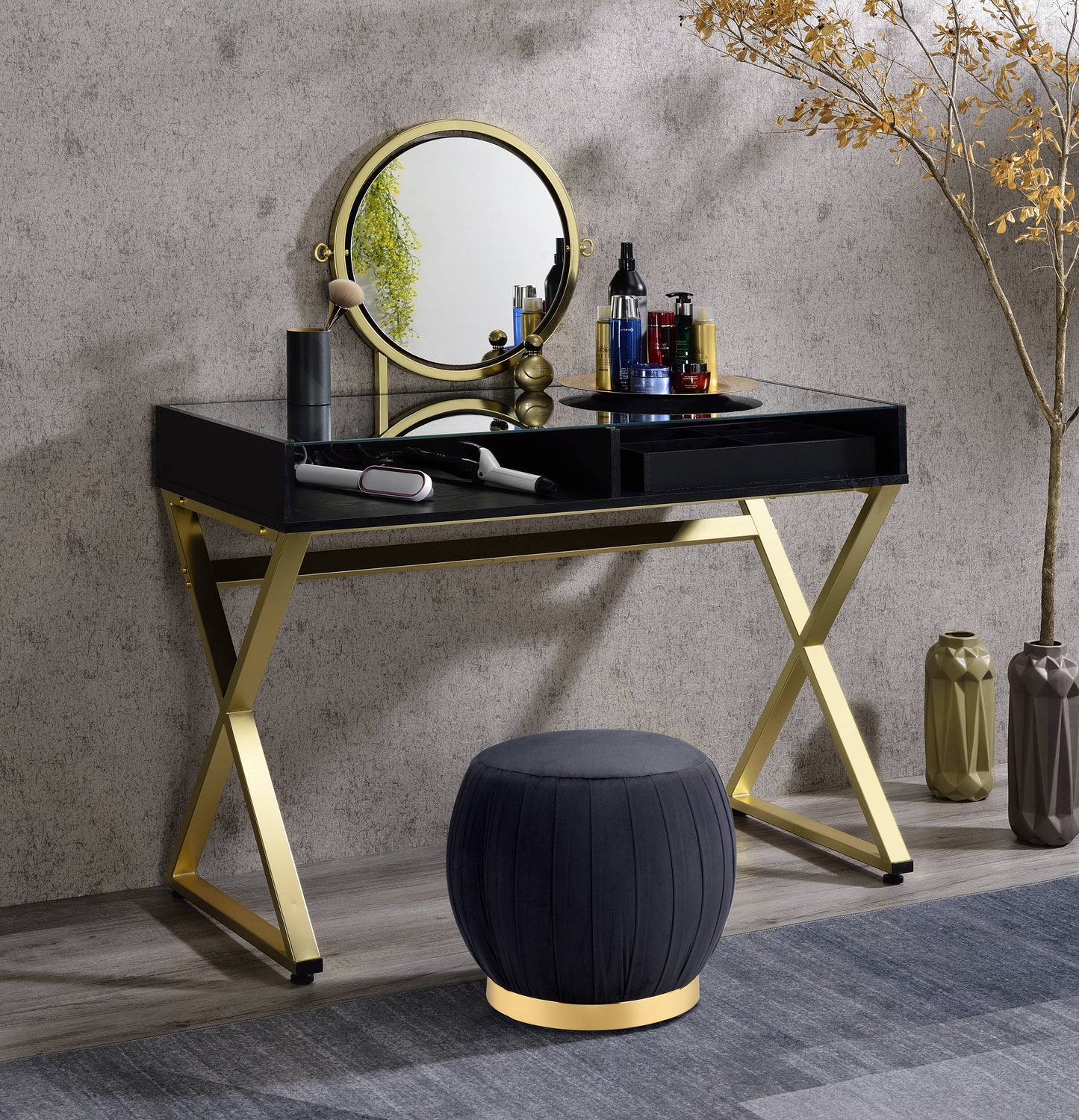 Coleen Black & Gold Finish Vanity Desk W Mirror & Jewelry Tray