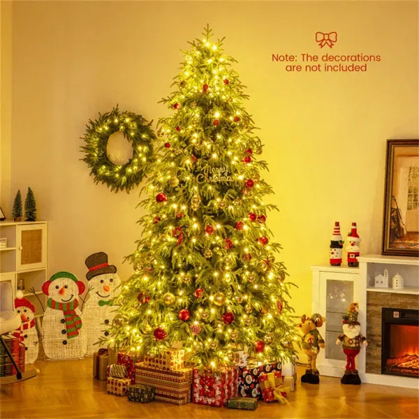 7ft Pre-Lit Christmas Tree - 400 Warm White LEDs, 1217 Branch Tips, Dual-Layer TPE/PVC Design, Green