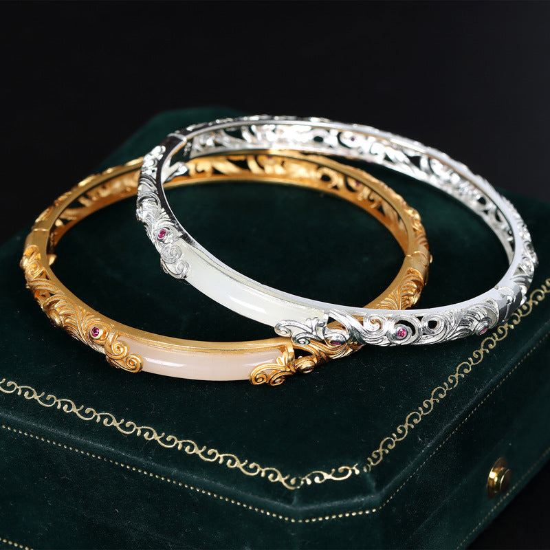 Ancient Craft Gold-Plated Filigree S925 Silver Hetian Jade Hollow Bangle, Retro Style Gift For Women, Perfect For Valentine's Day & Birthday