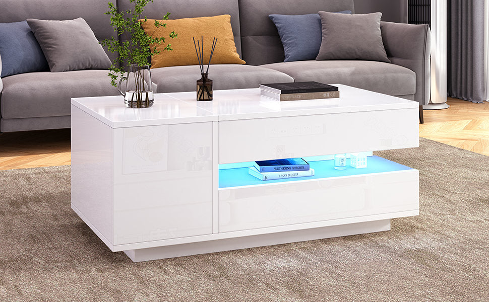 95X50X34.5cm Liftable Coffee Table, Living Room Table, Side Table, Coffee Table With 1 Drawer, 1 Cabinet, Sofa Table With LED, High Gloss Tea Table With Hidden Storage, Semi-Open Storage, White