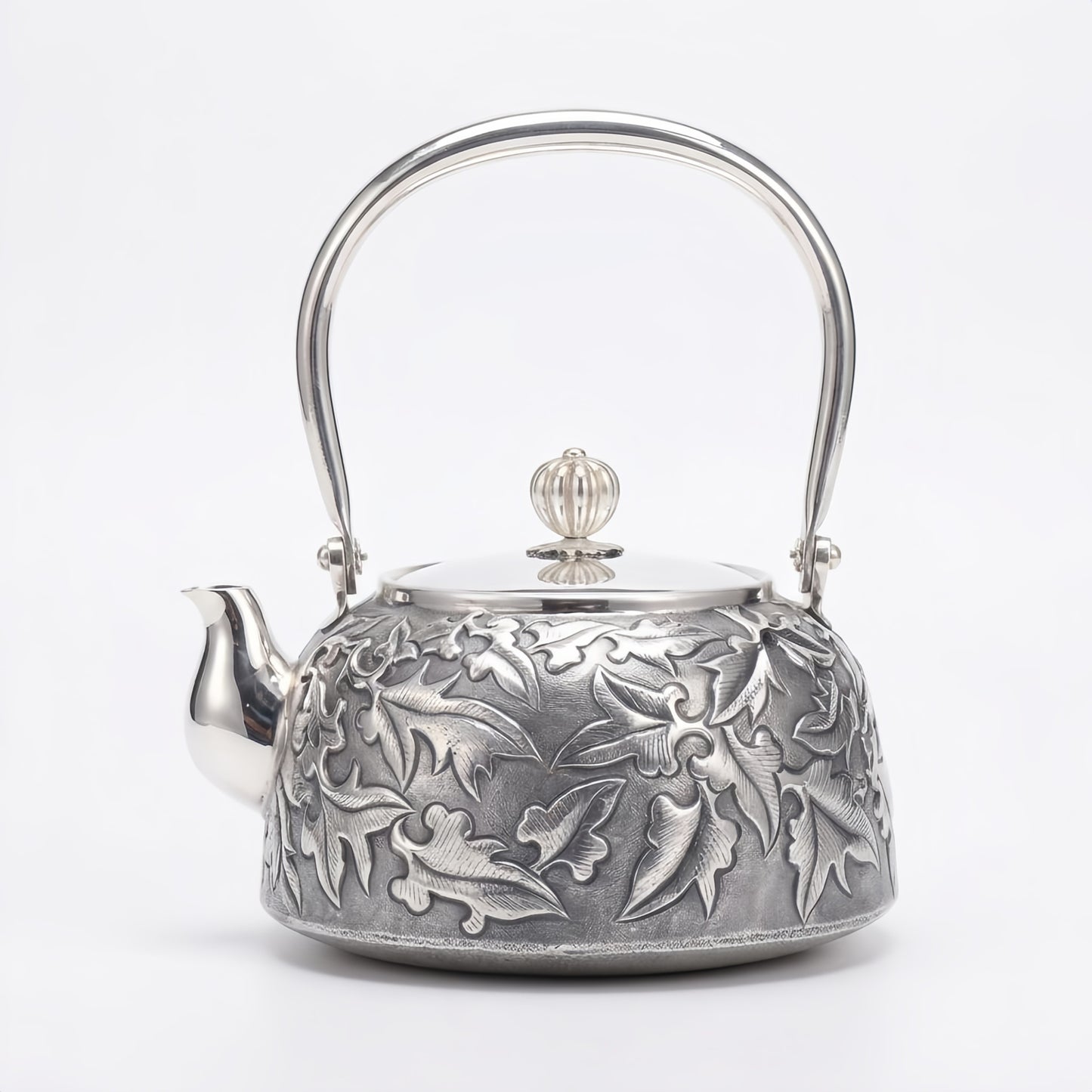 925 Sterling Silver Handcrafted Silver Tea Kettle with Intricate Leaf Relief and High Arched Handle - Handicraft
