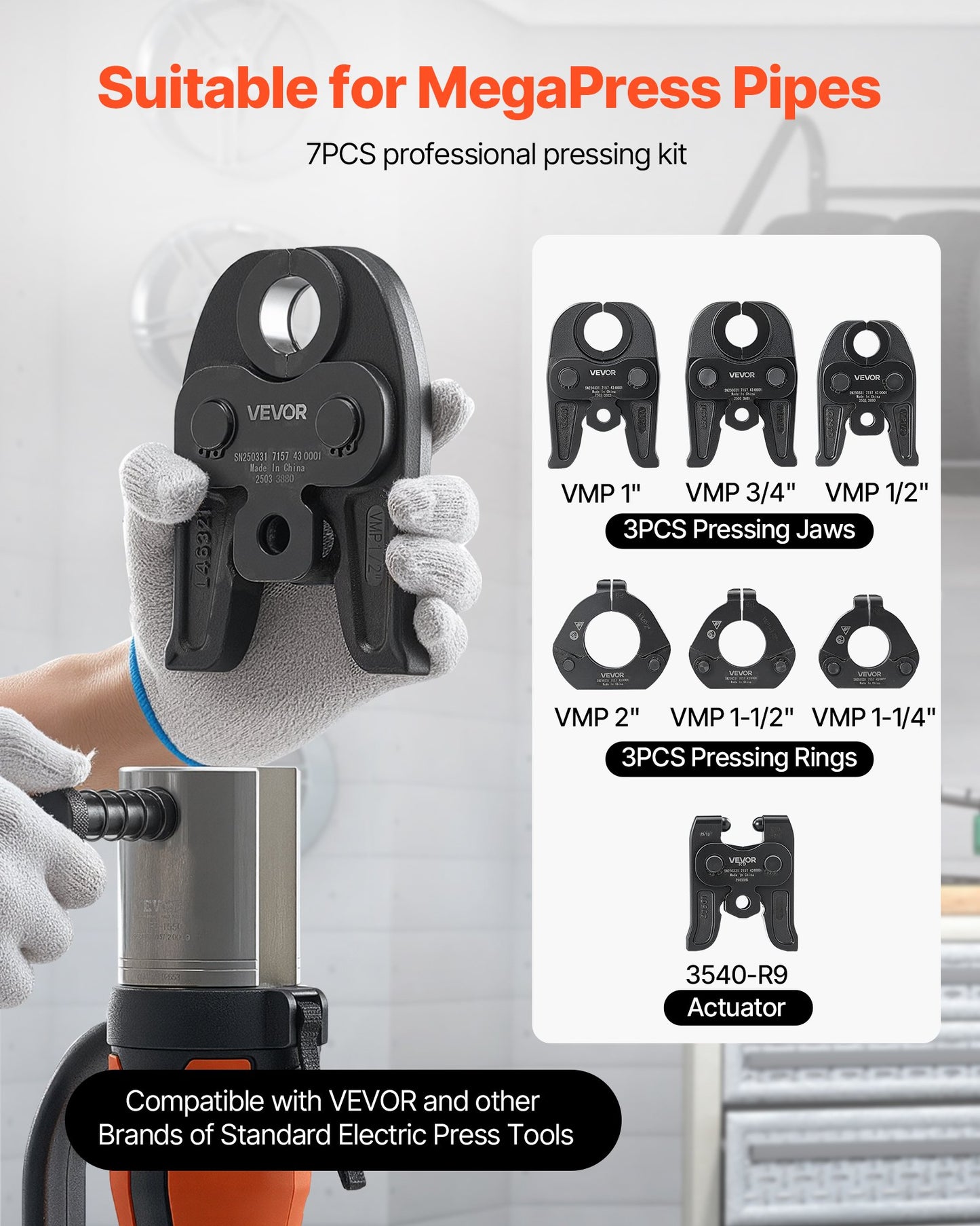 7PCS MegaPress Pressing Kit 1/2" To 2" - 3PCS Press Jaws, 3PCS Press Rings, 1PCS Actuator For MegaPress Carbon Steel Pipes, Compatible With Standard Press Tools - With Case